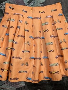 Orange Vintage Car Print Pleated Skirt
